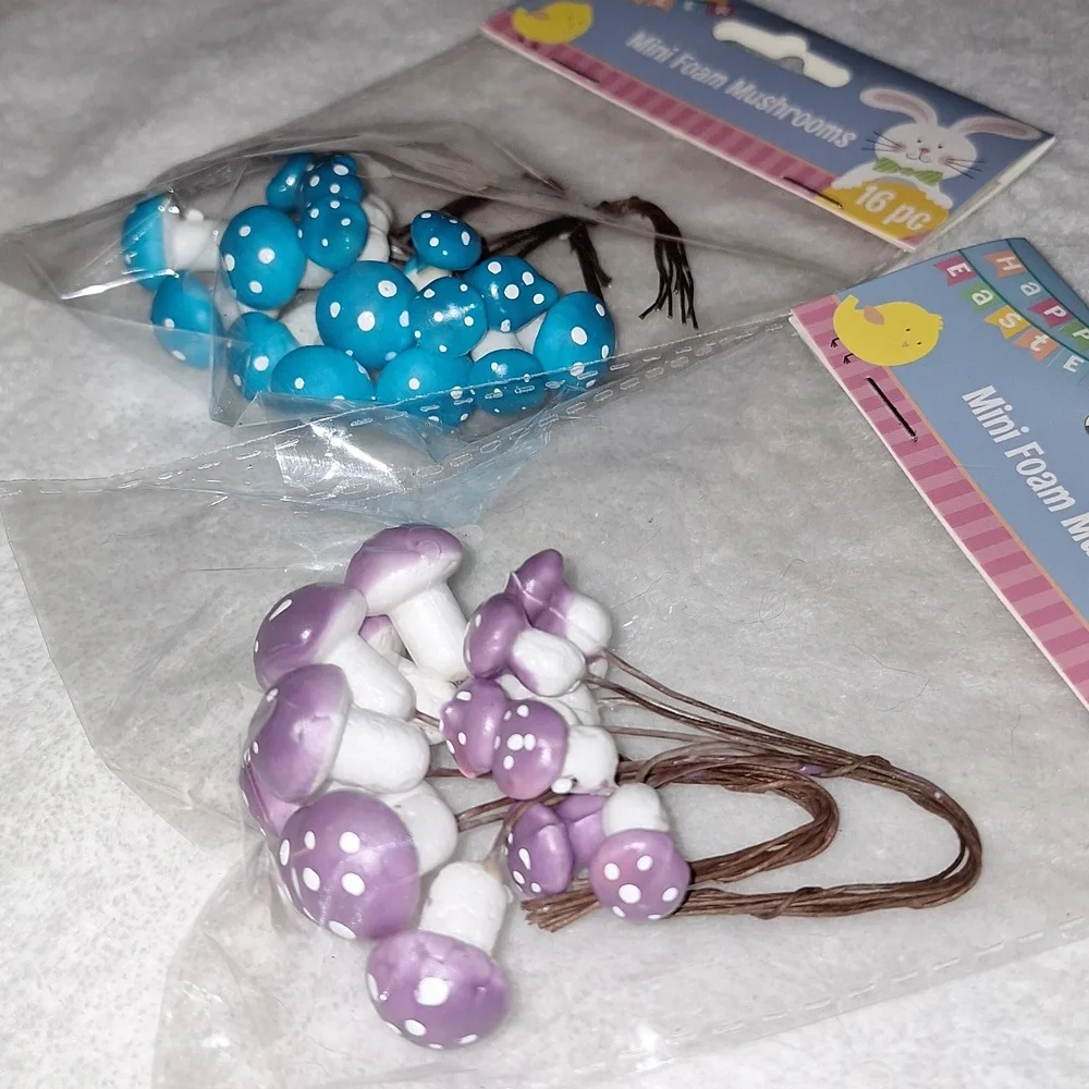 Foam mushrooms, 3 new packages pink, blue, and purple- 16 pieces in each package